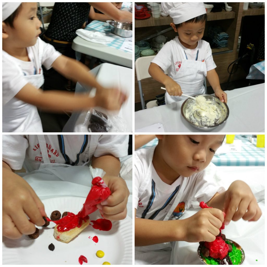 the baking process of smashing, whipping, icing and more icing!